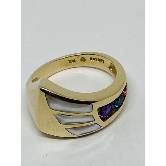 Kabana 14K Yellow Gold Natural Amethyst Topaz Pink Sapphire Mother Of Pearl Ring